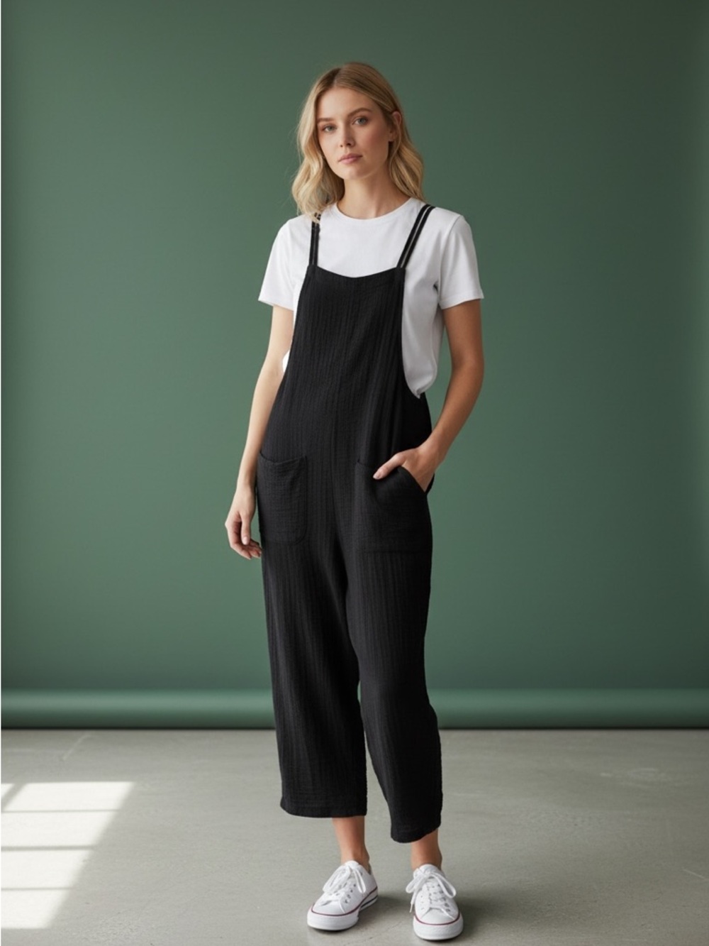 ZARA Jumper Black Textured Wide-Leg Overalls